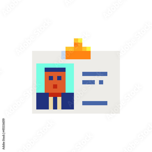 Identity card, ID with electronic chip, badge pixel art icon. Video game 8-bit sprite. Isolated vector illustration. Symbol, logo, sticker design.