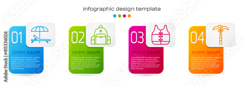 Set line Sunbed and umbrella, Hiking backpack, Life jacket and Tropical palm tree. Business infographic template. Vector.