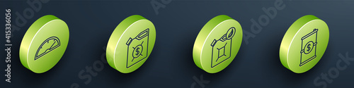 Set Isometric Speedometer, Canister for motor machine oil, Bio fuel canister and Barrel oil with dollar icon. Vector.