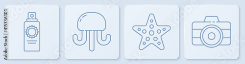 Set line Sunscreen spray bottle, Starfish, Jellyfish and Photo camera. White square button. Vector.