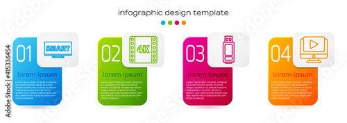 Set line Screen tv with Smart video, 4k movie, tape, frame, USB flash drive and Online play video. Business infographic template. Vector.