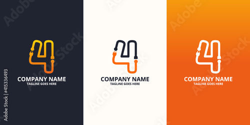 Electric initial number 4 Logo Icon Template. Illustration vector graphic. Design concept Electrical plug  With number symbol. Perfect for corporate, more technology brand identity