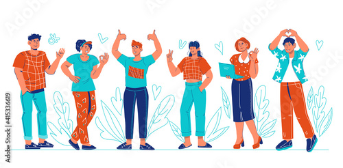 Business team or group of friends, students or colleagues standing with greeting gestures, cartoon vector illustration isolated on white background. Friendly smiling and welcoming  young people.