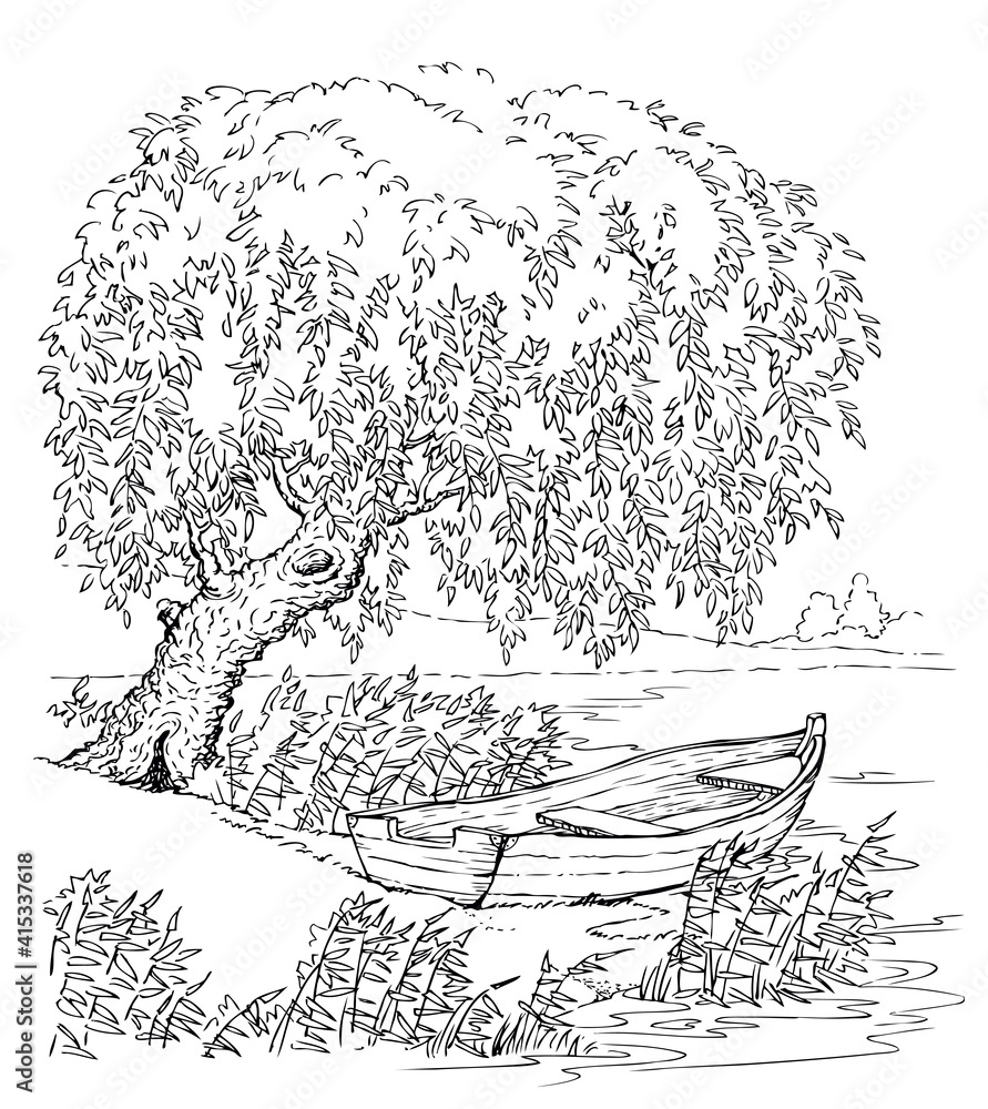 Obraz premium Vector drawing. Old boat on the lake under the branches of a willow