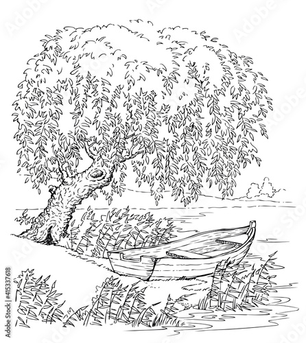 Vector drawing. Old boat on the lake under the branches of a willow