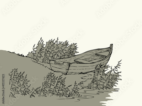 Vector drawing. Old boat on the lake