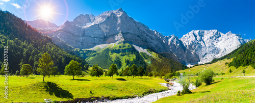 Obraz na płótnie panoramic landscape with meadow and lake in Bavaria, Germany, at springtime