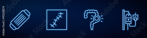 Set line Gut constipation, Medical protective mask, Scar with suture and IV bag. Glowing neon icon on brick wall. Vector.
