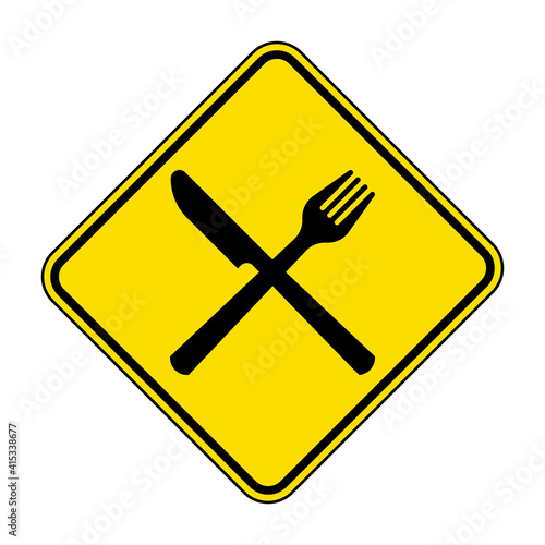 Restaurant road sign. Vector illustration of yellow diamond shaped traffic sign with crossed fork and knife icon inside. Motorway refreshments symbol. Highway rest area symbol isolated on background.