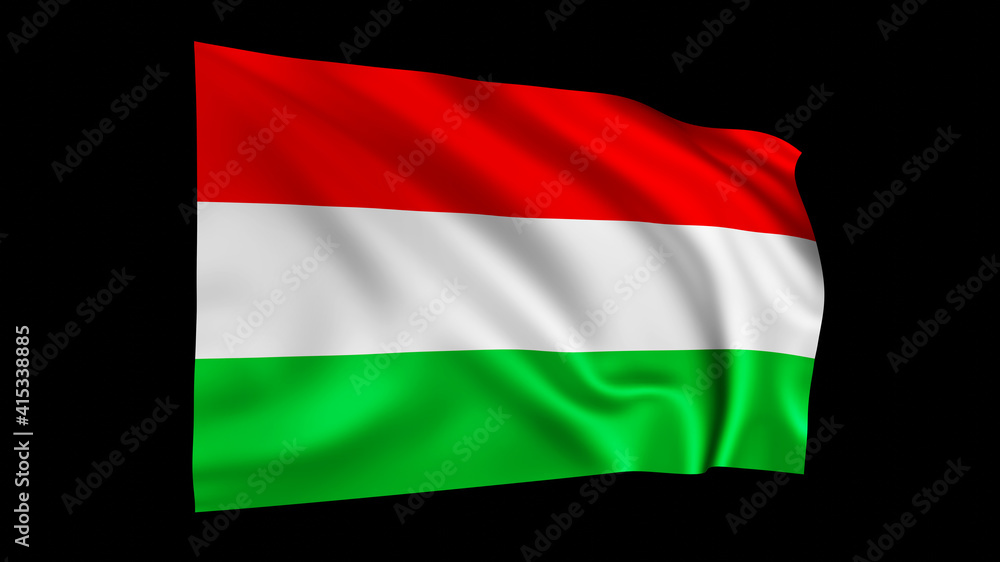 The flag of Hungary isolated on black, realistic 3D wavy Hungarian flag render illustration. The flag of Hungary isolated on black, realistic 3D wavy Hungarian flag render illustration.