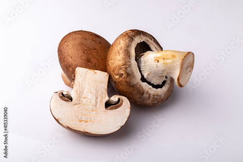 three mushrooms on a white background close up
