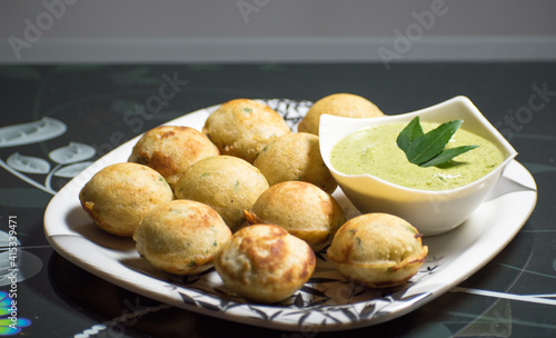 Indian Home Made Recipe 'Aappe' with Green Chatni. Specialty Of South Indian Food