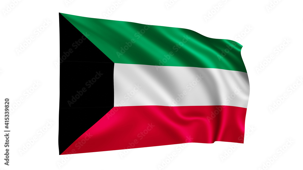 The flag of Kuwait isolated on white, realistic 3D wavy flag render illustration.