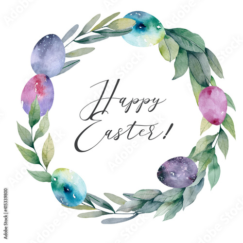 Easter wreath with eggs. Watercoor Happy Easter Objects. Realistic Design photo