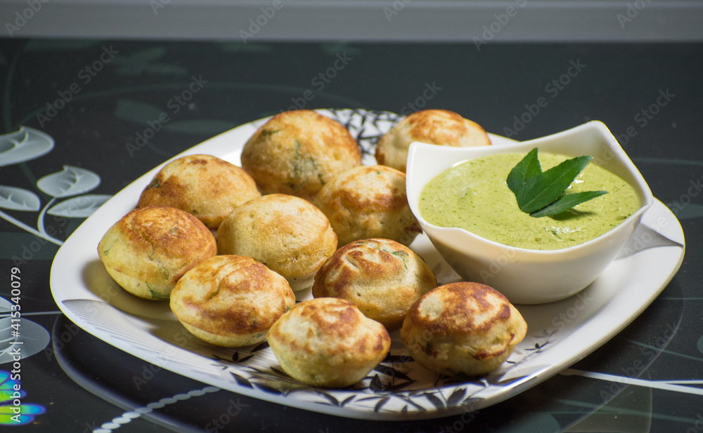 Indian Home Made Recipe 'Aappe' with Green Chatni. Specialty Of South Indian Food
