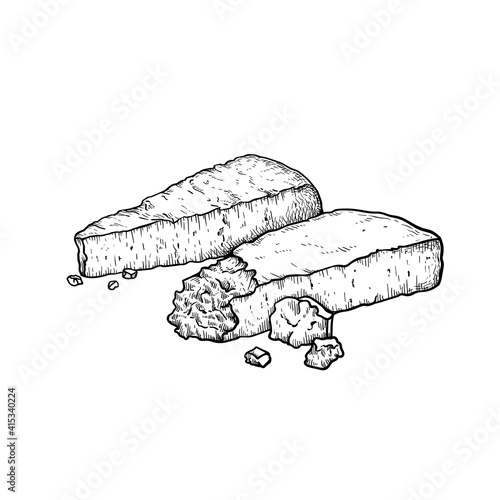 Parmesan (Parmegiano) cheese. Hand drawn sketch style drawing of traditional Italian hard cheese. Vector illustration isolated on white.