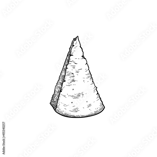 Parmesan (Parmegiano) cheese. Top view. Hand drawn sketch style drawing of traditional Italian hard cheese.  Vector illustration isolated on white.