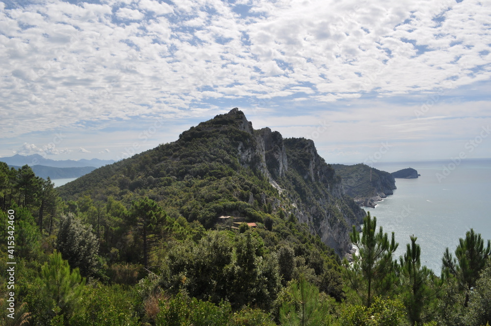 View from the mountains along the coastine near Portovenere in Italy