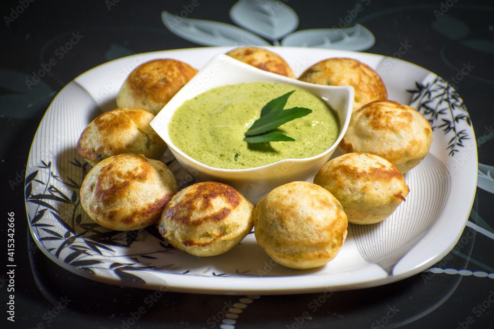 Indian Home Made Recipe 'Aappe' with Green Chatni. Specialty Of South Indian Food