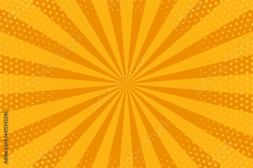 Pop art background. Comic pattern with starburst and halftone. Cartoon retro sunburst effect with dots. Yellow banner. Vintage sunshine texture. Vector illustration.