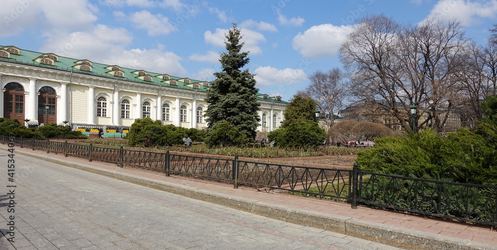 Moscow, Russia. April 14, 2019 Building of the Central Exhibition Hall Manege from the side of Alexander Garden