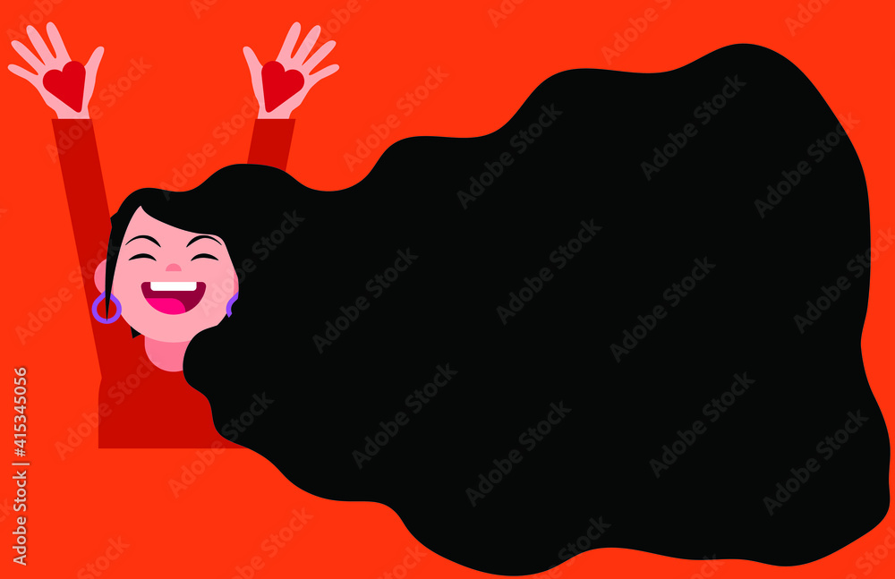 vector woman with long hair. flat illustration of a girl with long hair. hands up with hearts