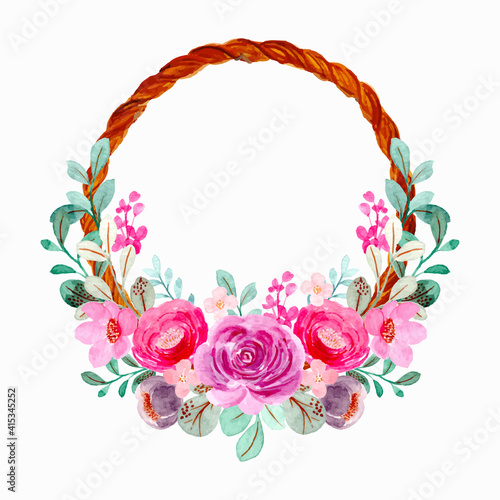 Pink purple floral wreath with watercolor