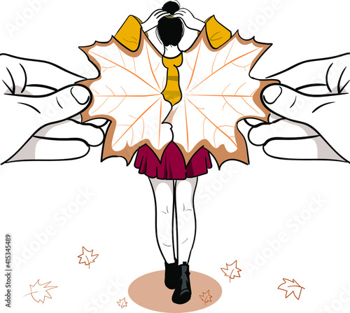 creative illustration of a maple leaf, a lady is using it as her wings.