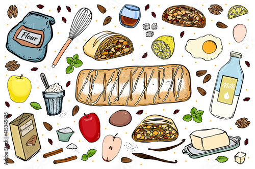 Viennese strudel isolated on white background recipe and ingredients. Doodle style.
