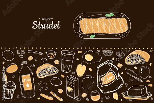 Illustration set of items for making Viennese traditional strudel hand drawing. Doodle style.