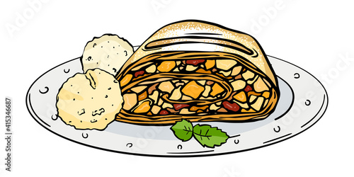 Hand drawing traditional viennese strudel with leafs mint and balls vanilla ice cream. Doodle sketch style.