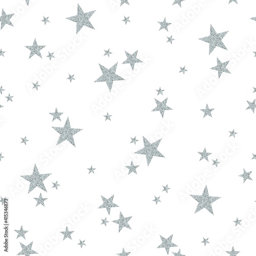 Seamless pattern with small silver stars on white background.
