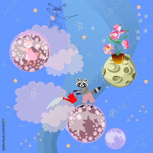 Fun endless pattern with cute cartoon animals on fantasy planets and aliens in space against blue sky. Wallpaper or print for baby fabric.