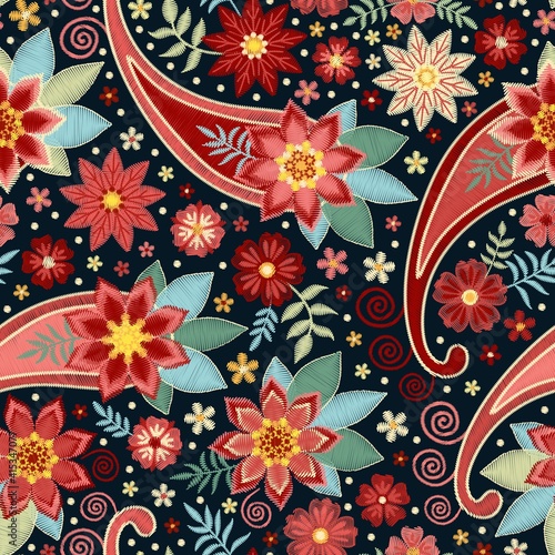Embroidery seamless pattern with flowers and paisley. Beautiful vector design with indian, russian motifs. Print for fashion fabric.