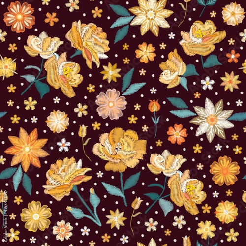 Yellow embroidered flowers. Floral seamless pattern. Print for fabric, textile.