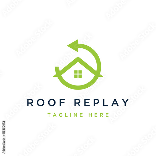 roof repair logo design or house roof with a replay sign