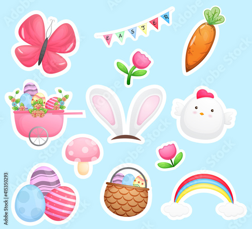 Happy easter day stickers collection and easter's elements Premium Vector