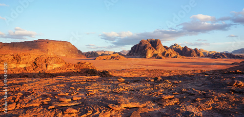 Fototapeta Naklejka Na Ścianę i Meble -  Red Mars like landscape in Wadi Rum desert, Jordan, this location was used as set for many science fiction movies
