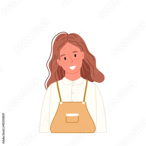 Smiling girl portrait in casual clothing in cartoon flat style. Kid avatar isolated on white. Happy teenager. Vector illustration character profile.