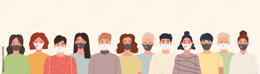 Group of people portrait wearing medical masks to prevent coronavirus disease, world virus pollution. Vector illustration character set in flat style Group of people portrait wearing medical masks to prevent coronavirus disease, world virus pollution. Vector illustration character set in flat style