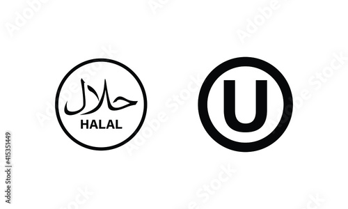 dietary laws for Islam (halal) and Jewish (kosher) logo edition in simple black and white style. round shapes elements isolated on white background in logo design vector.