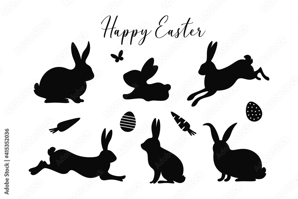 Easter bunny silhouettes set. Happy Easter. Cute spring bunnies with butterfly, eggs, carrots and text. Black silhouettes isolated on white background. Easter designs. 
