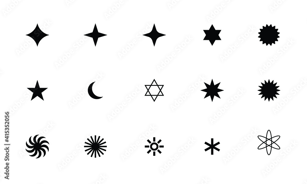 icon collection set of various type of star in simple black and white style. geometrical shapes elements isolated on white background in logo design vector.