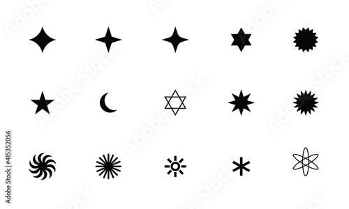 icon collection set of various type of star in simple black and white style. geometrical shapes elements isolated on white background in logo design vector.