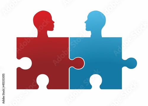 Woman and man profiles on puzzle pieces. Vector illustration. EPS10.