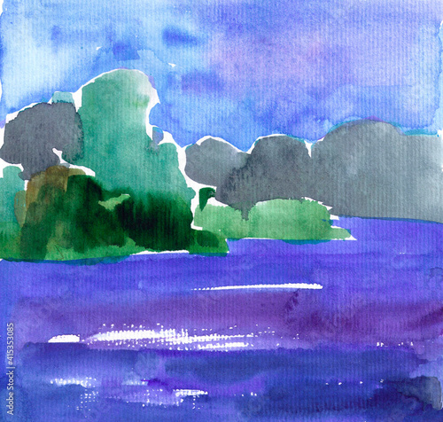 azure landscape watercolor trees by the river