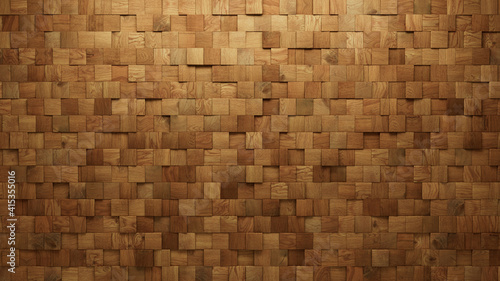 Wood Block Wall background. Mosaic Wallpaper with Light and Dark Timber Square tile pattern. 3D Render  photo