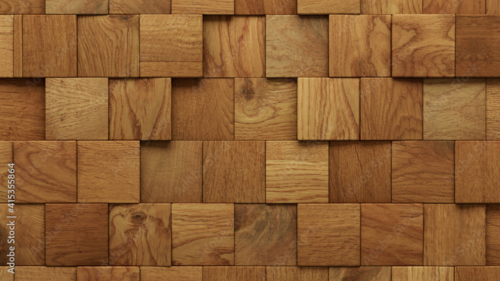 Wood Block Wall background. Mosaic Wallpaper with Light and Dark Timber