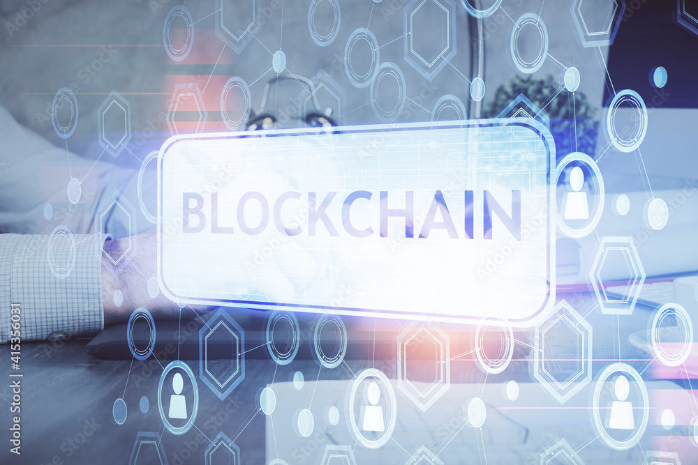Double exposure of man's hands holding and using a phone and crypto currency blockchain theme drawing. Double exposure of man's hands holding and using a phone and crypto currency blockchain theme drawing.