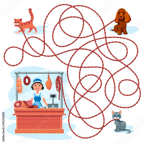 Dog and cats carry sausages. Guess which one of them stole a bunch of sausages from a butcher shop assistant? Children's game picture riddle on a white background.